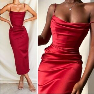 House Of CB Anja Satin Corset Midi Dress Red Small